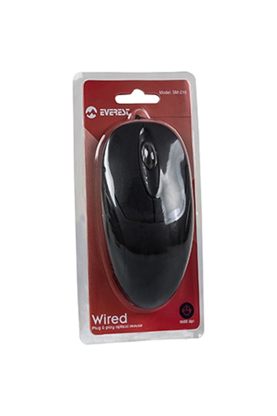 Everest SM-216 Siyah USB Kablolu Optik Mouse - 1200 DPI Hassasiyet, Ergonomik Tasarım