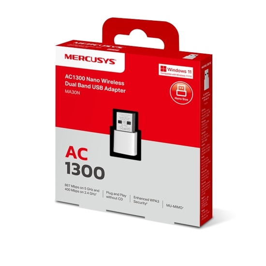 TP-Link Mercusys MA30N AC1300 Çift Bant Nano USB Wi-Fi Adaptör - 5GHz 867Mbps, 2.4GHz 400Mbps, WPA3, MU-MIMO