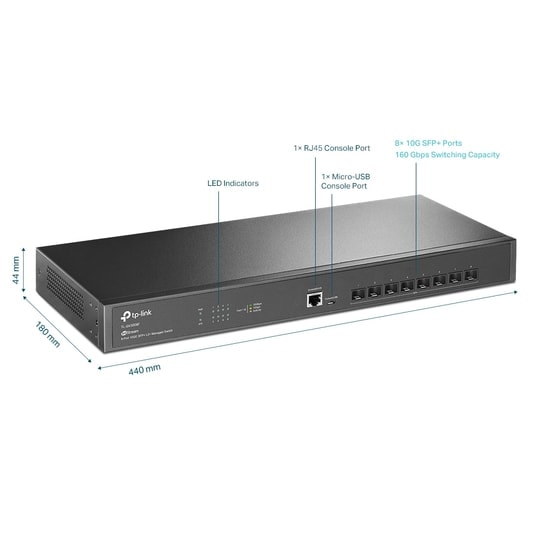 Tp-Link TL-SX3008F 8-Port 10GE SFP+ L2+ Yönetilebilir Multi-Gigabit Switch - Metal Kasa, Fansız, Rackmount Tasarım