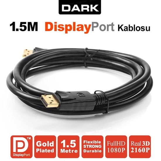 Dark DK-CB-DPL150 1.5 Metre DisplayPort Kablo (4K, 1080P, 7.1 Ses) - Yüksek Kalite Görüntü ve Ses Aktarımı