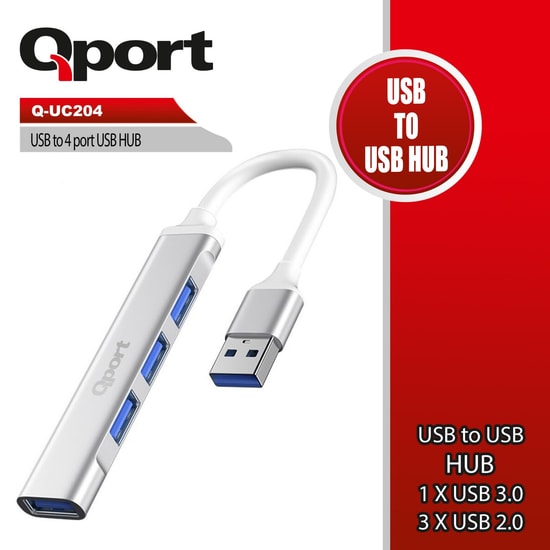 Qport Q-UC204 4 Port USB Çoklayıcı - 1x USB 3.0 + 3x USB 2.0 Port, Hızlı Veri Aktarımı, Siyah Kasa