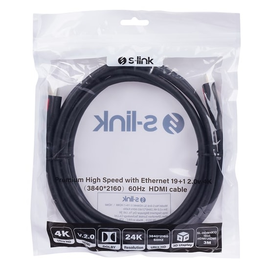 S-Link SL-HDM4K011 4K 1.5 Metre HDMI v2.0 Erkek Kablo - 3840x2160 60Hz Desteği, Siyah, 19+1 Full Pin Bağlantı, 18Gbps
