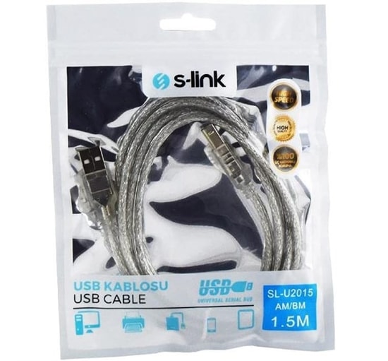 S-Link SL-U2015 1.5 Metre USB 2.0 Şeffaf Yazıcı Kablosu - Yüksek Kalite, Parazit Önleyici, Güvenli Bağlantı