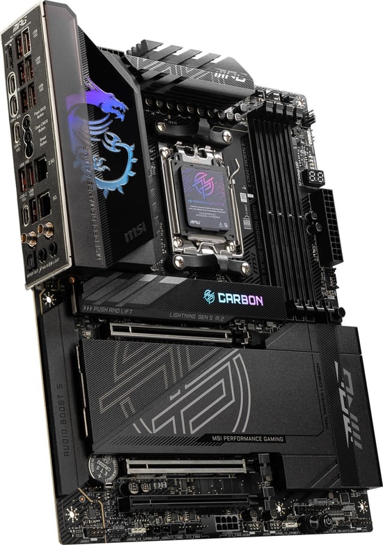 MSI MPG X870E Carbon Wi-Fi Anakart - AMD AM5, DDR5 8400MHz OC, 4xM.2, USB4, Wi-Fi 7, 5G LAN, 2.5G LAN, HDMI 2.1, ATX