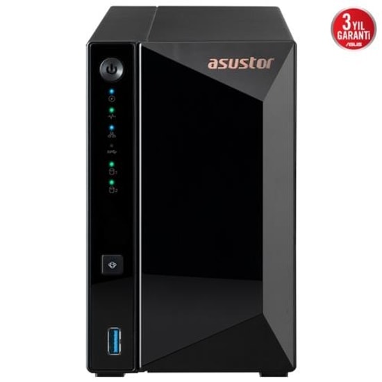 Asustor AS3302T V2 2 Yuvalı NAS Depolama - Realtek RTD1619B, 2GB DDR4, 2.5GbE, 3x USB 3.2, 4x22TB Destekli