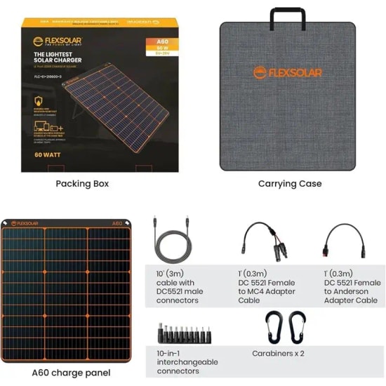 FlexSolar A60 60W Taşınabilir Güneş Paneli - Yüzde 22 Verim, Solar Monokristal Hücre, USB ve DC Çıkışlı, Katlanabilir