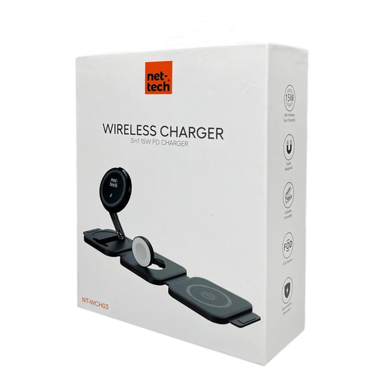Nettech NT-WCH03 Siyah 3'ü 1 Arada 18W Hızlı Kablosuz Şarj Standı - Akıllı Telefon, Saat ve Airpods Şarjı