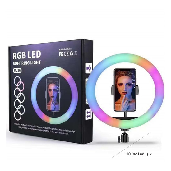 RGB MJ26 10" LED Ringlight - Çok Renkli Selfie ve Makyaj Işığı (NT-96252),  USB Bağlantılı, Ayarlanabilir Parlaklık