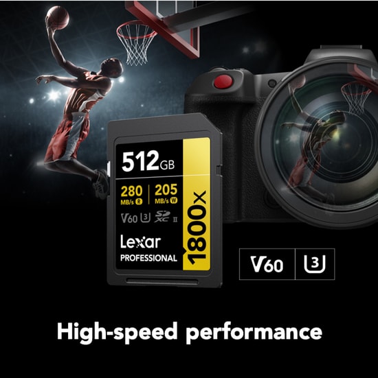 Lexar 512Gb SD Professional 1800X SDXC Uhs-II Card 280Mbs Okuma 210Mbs Yazma C10 V60 U3 LSD1800512G-BNNNG Kart Bellek