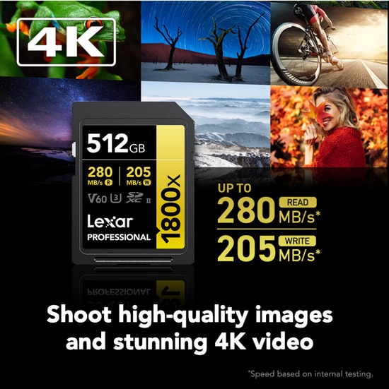 Lexar 512Gb SD Professional 1800X SDXC Uhs-II Card 280Mbs Okuma 210Mbs Yazma C10 V60 U3 LSD1800512G-BNNNG Kart Bellek