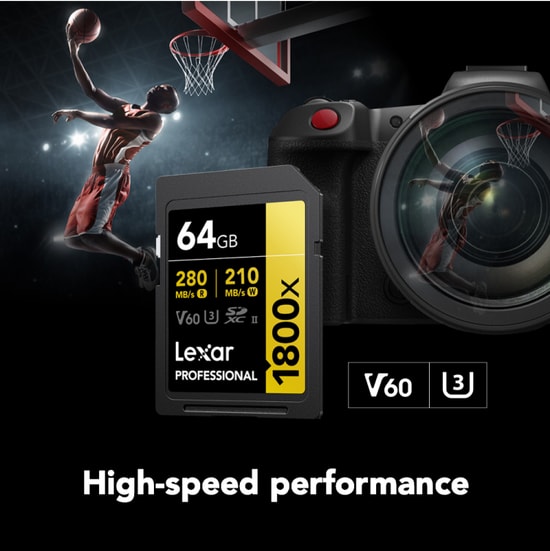 Lexar 64Gb SD Professional 1800X SDXC Uhs-II Card 280Mbs Okuma 210Mbs Yazma C10 V60 U3 LSD1800064G-BNNNG Kart Bellek