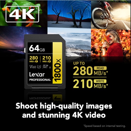 Lexar 64Gb SD Professional 1800X SDXC Uhs-II Card 280Mbs Okuma 210Mbs Yazma C10 V60 U3 LSD1800064G-BNNNG Kart Bellek