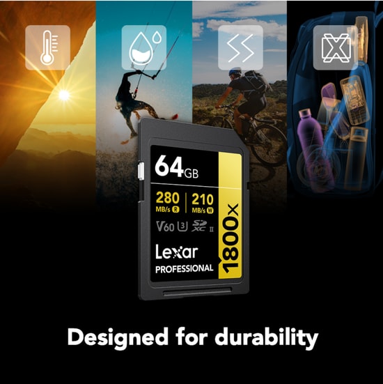 Lexar 64Gb SD Professional 1800X SDXC Uhs-II Card 280Mbs Okuma 210Mbs Yazma C10 V60 U3 LSD1800064G-BNNNG Kart Bellek