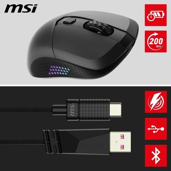 MSI Versa 300 Elite Kablosuz Oyuncu Mouse - 26000 DPI, 2.4GHz, Bluetooth 5.3, RGB, 6 Tuşlu, Şarjlı Optik Tasarım