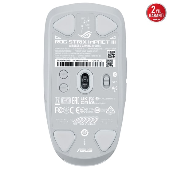 Asus Rog Strix Impact III Wireless Mouse Beyaz - 36000DPI, 2.4GHz, Bluetooth, Değiştirilebilir Switch, Ultra Hafif