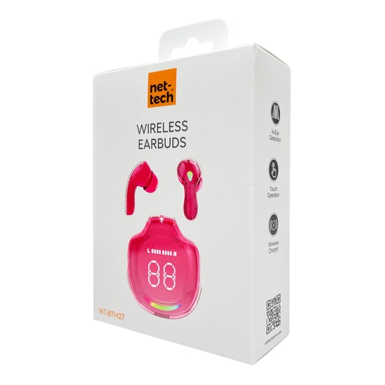 Nettech NT-BTH27 Pembe Kulakiçi Bluetooth Kulaklık - 900mAh Pil, 10m Bluetooth, Mikrofonlu, Dokunmatik Kontrol