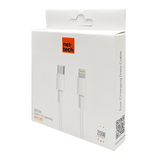 Nettech NT-29 Plastik 20 Cm Type-C To Lightning Şarj ve Data Kablosu (NT-110208) - Beyaz, 20W Hızlı Şarj Desteği