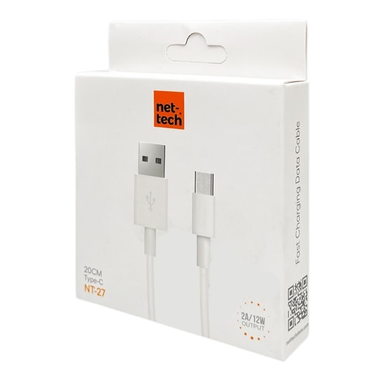 Nettech NT-27 Beyaz 20 cm Type-C Şarj ve Data Kablosu (NT-110214) - 12W Hızlı Şarj Desteği, Dayanıklı Plastik Tasarım