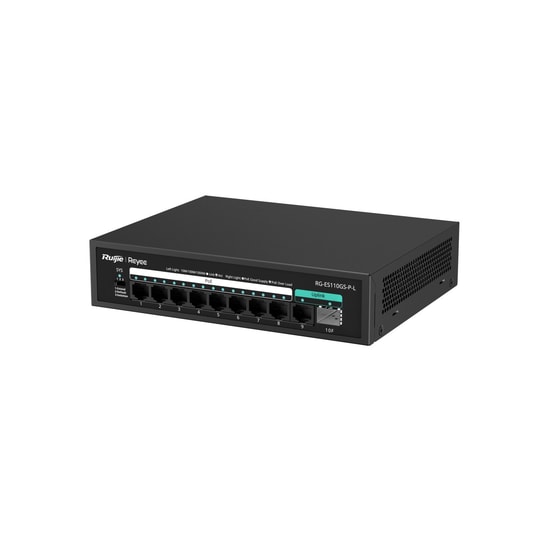Ruijie Reyee RG-ES110GS-P-L 10 Port Masaüstü Metal Switch - 8 Port Gigabit, PoE+ 120W, 1xSFP 1xRJ45 Uplink, Yönetilemez