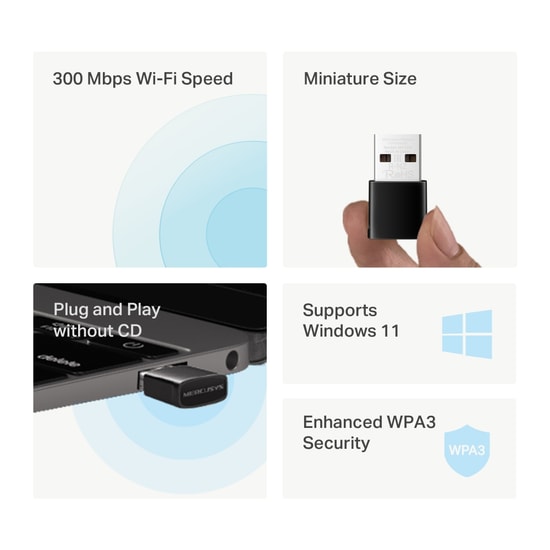TP-Link Mercusys MA12N 300Mbps Nano USB Wi-Fi Ağ Adaptörü - WiFi 4, Dahili Anten, 2.4GHz, WPA3, Tak Çalıştır Özelliği