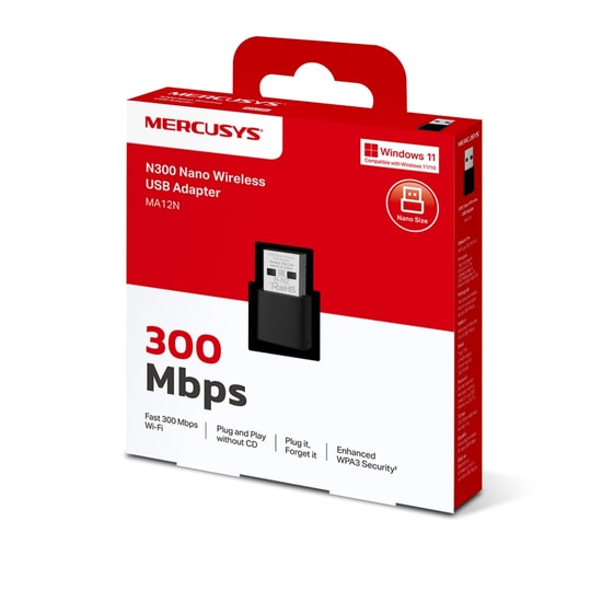 TP-Link Mercusys MA12N 300Mbps Nano USB Wi-Fi Ağ Adaptörü - WiFi 4, Dahili Anten, 2.4GHz, WPA3, Tak Çalıştır Özelliği