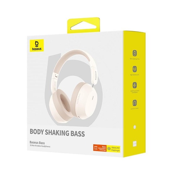 Baseus Bass 35 Max Kablosuz Bej Renk Kulak Üstü Bluetooth Kulaklık - 50 Saat Kullanım Süresi, ENC, 10m Menzil, BT v5.3