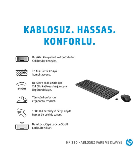 HP 330 Kablosuz Türkçe Siyah Klavye Mouse Seti (2V9E6AA) - 1600DPI Optik, Ergonomik Tasarım, Uzun Pil Ömrü, 10m Menzil