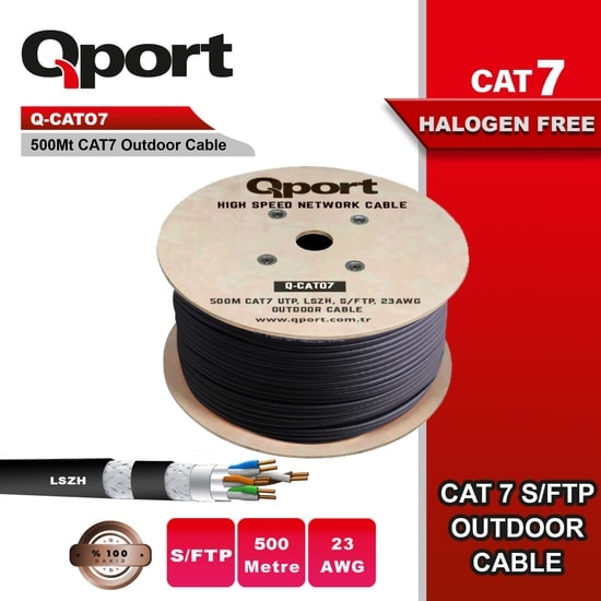 Qport Q-CAT07 CAT7 500 Metre S/FTP Siyah Ağ Kablosu - 23AWG, Full Bakır, Makaralı, Halogen Free, LSOH Data Kablosu