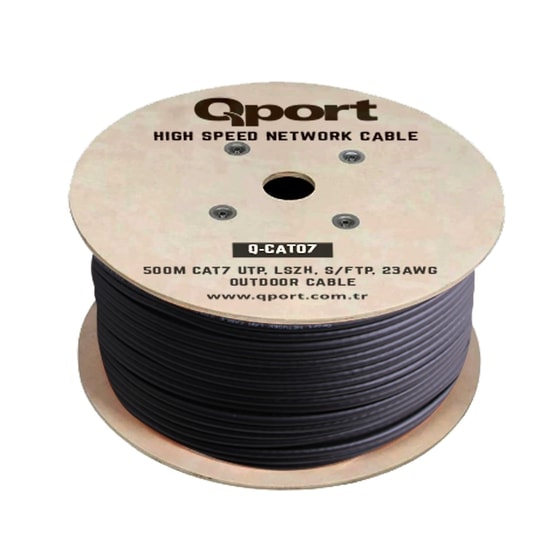 Qport Q-CAT07 CAT7 500 Metre S/FTP Siyah Ağ Kablosu - 23AWG, Full Bakır, Makaralı, Halogen Free, LSOH Data Kablosu