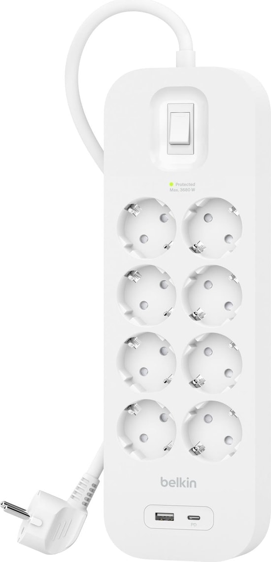 Belkin SRB003VF2M-V2 8'li Akım Korumalı Priz - 2 Metre, USB-C ve USB-A Bağlantı Noktalı, 3680W, 900 Joule Koruma
