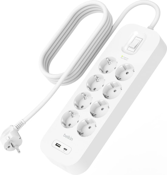 Belkin SRB003VF2M-V2 8'li Akım Korumalı Priz - 2 Metre, USB-C ve USB-A Bağlantı Noktalı, 3680W, 900 Joule Koruma