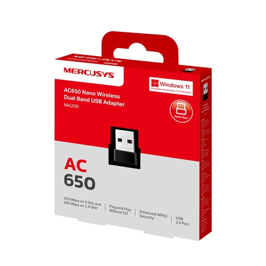 TP-LINK MERCUSYS MA20N AC650 Nano USB Wi-Fi Ağ Adaptörü - Çift Bant, 2.4/5 GHz, WPA3 Güvenlikli, Tak & Çalıştır