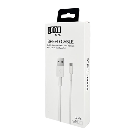 Loov Tech LV-DK03 Beyaz 100cm Micro USB Şarj Data Kablosu (NT-111598) - Hızlı Veri Aktarımı, Dayanıklı Plastik Materyal