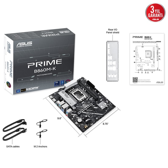Asus Prime B860M-K D5 mATX Anakart: Intel LGA1851, DDR5 8800MHz (OC), Çift M.2, 2.5G LAN, HDMI, DP, USB 3.2, Micro ATX
