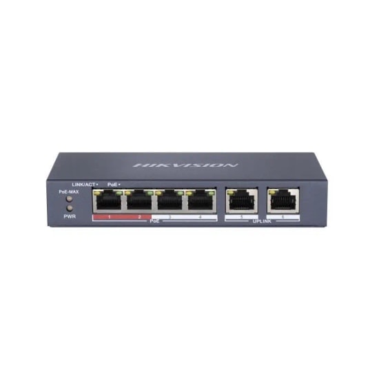 Hikvision DS-3E0106P-E/M 4 Port 10/100 PoE Fast Ethernet Switch - 2x Uplink, 35W PoE Bütçesi, Metal Kasa, Masaüstü
