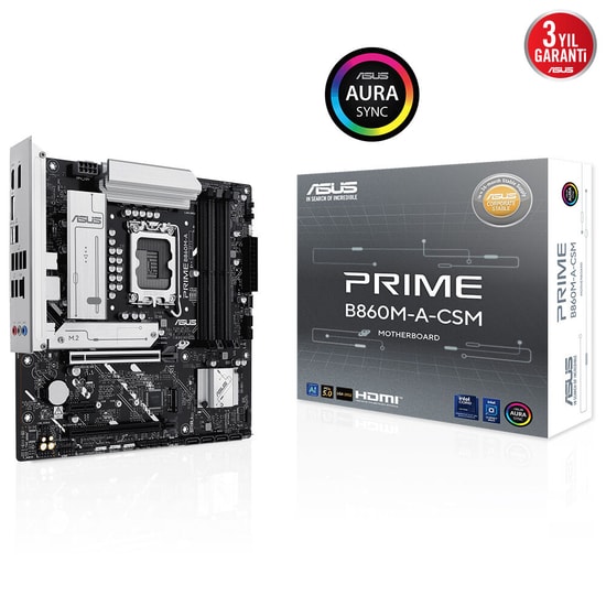 ASUS Prime B860M-A CSM Anakart: LGA1851, DDR5 8666MHz (OC), Çift M.2, HDMI, DP, USB4, 2.5G LAN, AURA RGB, Micro ATX