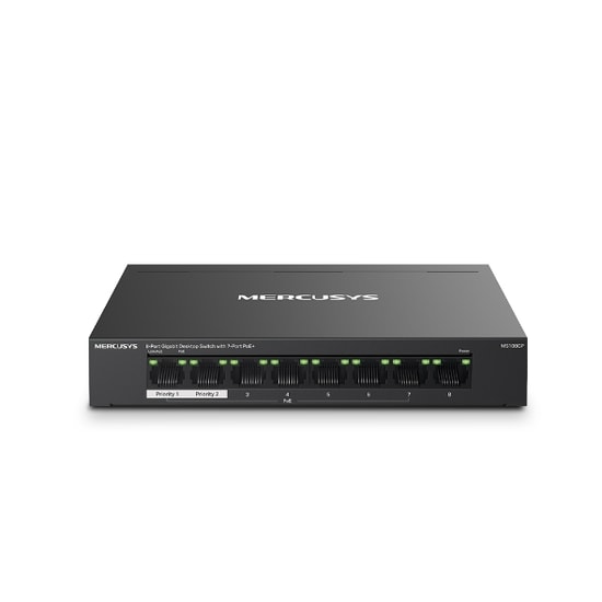 TP-Link Mercusys MS108GP 8 Port Gigabit PoE+ Switch - 7 PoE Portu, 65W, Metal Kasa, 250m Uzatma Modu, Yönetilemez