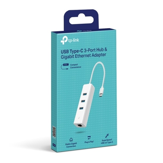 TP-Link UE330C Type-C 3 Port USB 3.0 Hub ve Gigabit Ethernet Adaptörü - 1000 Mbps Hız, Beyaz, Tak Çalıştır, Kompakt