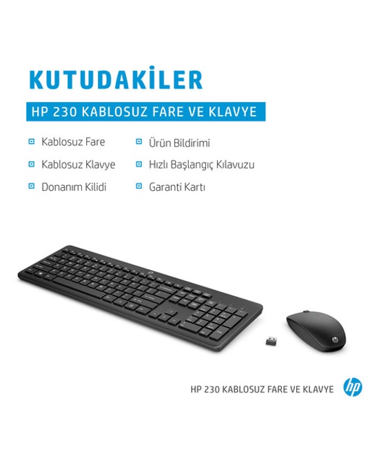HP 230 Beyaz Kablosuz Türkçe Q Düzen Klavye Mouse Seti (3L1F0A) - Sessiz Tuşlu, 1600 DPI Optik Fare, Uzun Pil Ömrü