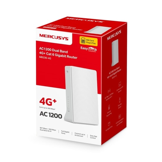 TP-Link Mercusys MB230-4G AC1200 4G+ LTE Modem Router - Cat6, SIM Kart Girişli, Dual-Band WiFi, 2 Ethernet Portu