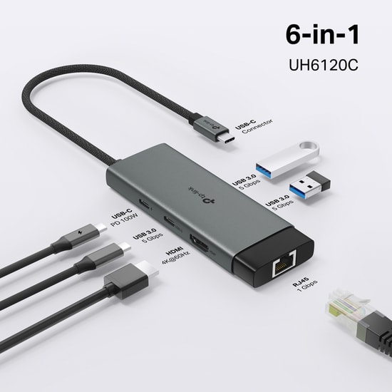 TP-Link UH6120C Type-C 6 Port Hub - 4K 60hz HDMI, 100W PD Şarj, Gigabit Ethernet, 2x USB 3.0, USB-C 3.0, Metal Gövde