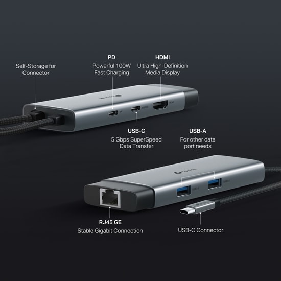 TP-Link UH6120C Type-C 6 Port Hub - 4K 60hz HDMI, 100W PD Şarj, Gigabit Ethernet, 2x USB 3.0, USB-C 3.0, Metal Gövde