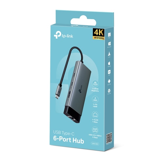 TP-Link UH6120C Type-C 6 Port Hub - 4K 60hz HDMI, 100W PD Şarj, Gigabit Ethernet, 2x USB 3.0, USB-C 3.0, Metal Gövde