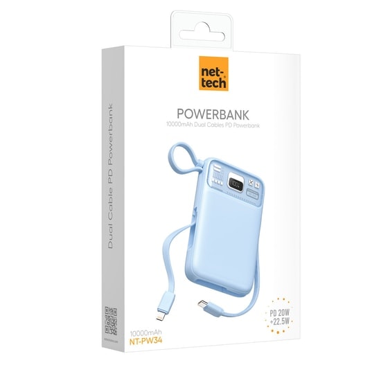 Nettech NT-PW34 Mavi 10000mAh Powerbank (NT-104928) - 20W+15W PD Hızlı Şarj, 4 Çıkış, Dijital Gösterge, Type-C Kablolu