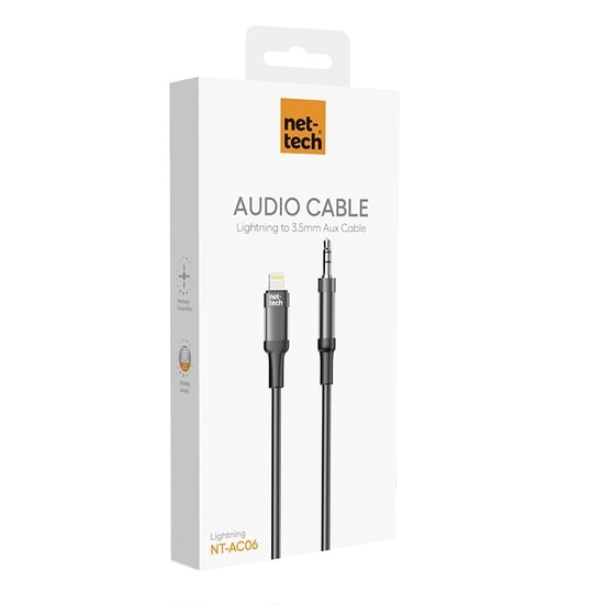 Nettech NT-AC06 Siyah Jack to Lightning Aux Kablo (NT-108327) - 100cm Plastik Kablo, Esnek Tasarım, Yüksek Ses İletimi