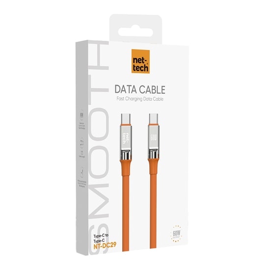 Nettech NT-DC29 60W Plastik 100Cm Type-C to Type-C Şarj ve Data Kablosu (NT-108291) - Turuncu, Hızlı Şarj, 1 Metre