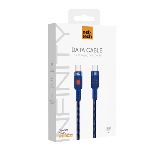 Nettech NT-DC32 60W Plastik 100Cm Type-C to Type-C Şarj ve Data Kablosu (Mavi)