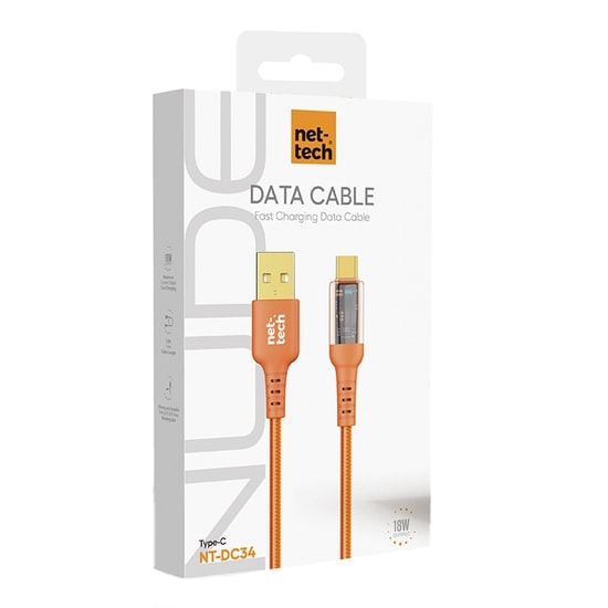 Nettech NT-DC34 100Cm Type-C Şarj ve Data Kablosu (Turuncu) NT-108303 - 18W Hızlı Şarj, Örgülü Tasarım, LED Işık
