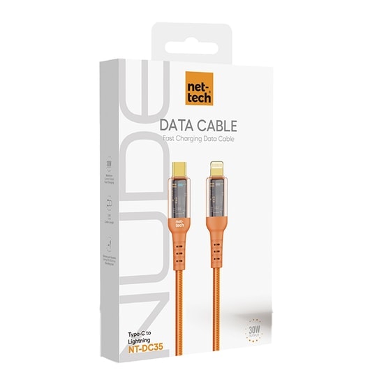 Nettech NT-DC35 30W 100Cm Type-C to Lightning Şarj ve Data Kablosu (NT-108304) - Turuncu, 1 Metre, Örgülü, Hızlı Şarj