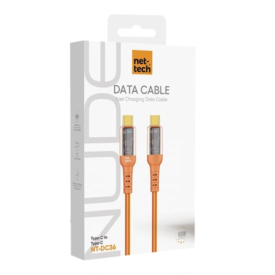 Nettech NT-DC36 60W Plastik 100Cm Type-C to Type-C Şarj ve Data Kablosu (NT-108305) - Hızlı Şarj, Turuncu, 1 Metre